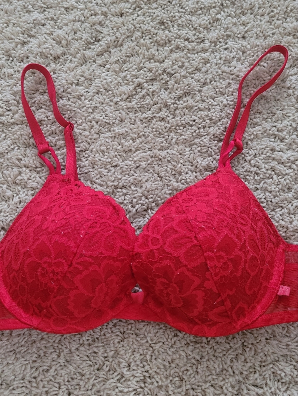 Victorias Secret Red Lace Overlay Bra Push Up 34B Adjustable Mesh Sexy